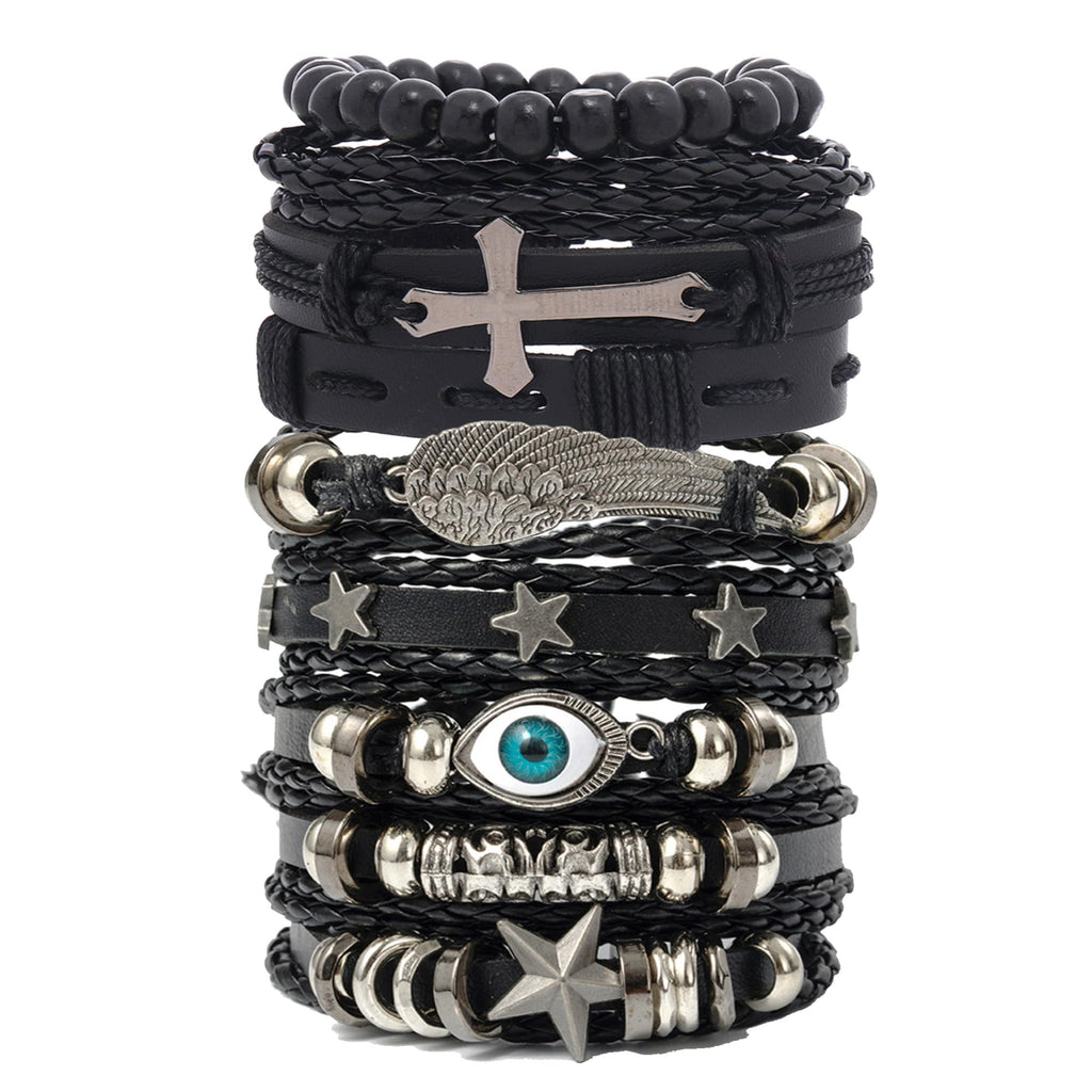 EGOINA Punk Leather Bracelet for Men Leather 8-10 PCS Braided Cuff Bracelet Wooden Beads Skull Metal Leather Bracelet