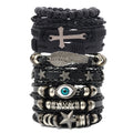 EGOINA Punk Leather Bracelet for Men Leather 8-10 PCS Braided Cuff Bracelet Wooden Beads Skull Metal Leather Bracelet