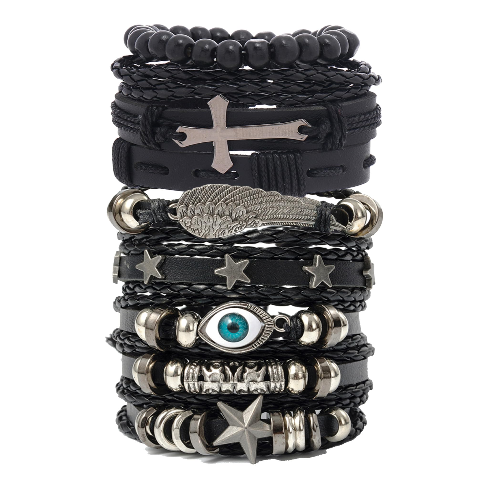 EGOINA Punk Leather Bracelet for Men Leather 8-10 PCS Braided Cuff Bracelet Wooden Beads Skull Metal Leather Bracelet